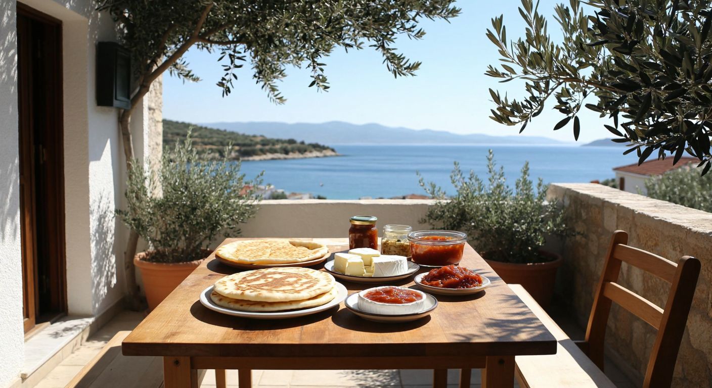 A sunlit outdoor terrace in Çeşme with a wooden table covered in warm, freshly made bazlama, homemade tomato jam, and small plates of local cheeses, surrounded by olive trees and the distant sound of the Aegean Sea.