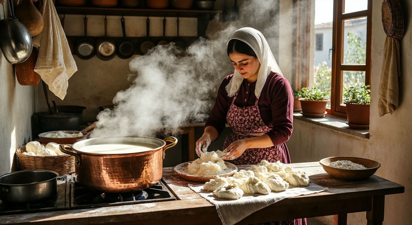 A warm, sunlit kitchen in Diyarbakır with a large copper pot of steaming milk on a stove, a woman in traditional Turkish clothing kneading fresh cheese curds on a wooden table, and woven cheese strips drying on a clean cloth nearby.