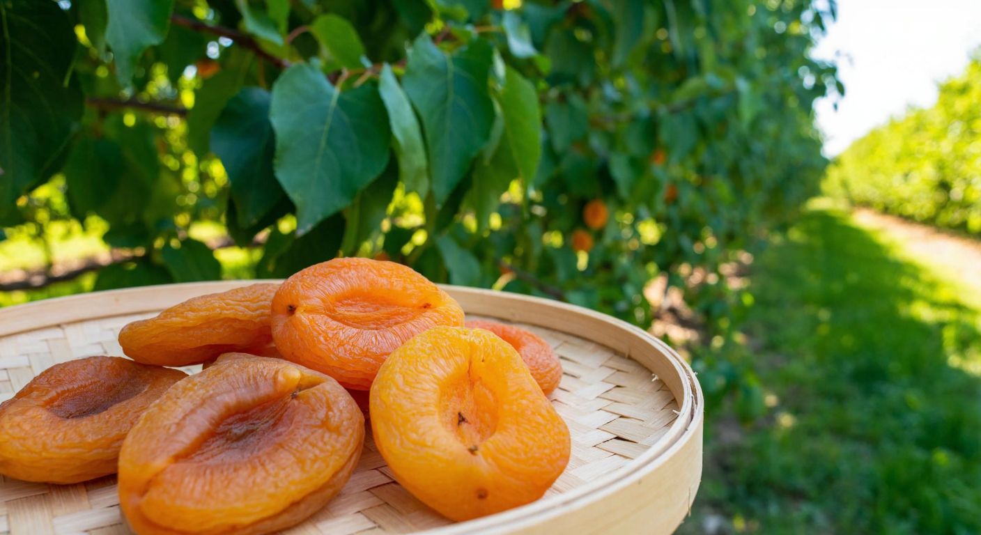 A sun-dried apricot with a deep orange hue, resting on a woven tray in a Malatya orchard, surrounded by lush green leaves and golden sunlight.