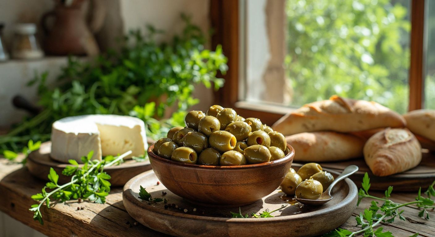A rustic wooden table in a sunlit Turkish kitchen holds a bowl of cracked green olives glistening with olive oil, surrounded by fresh herbs, a wedge of white cheese, and warm bread, evoking a traditional breakfast scene.