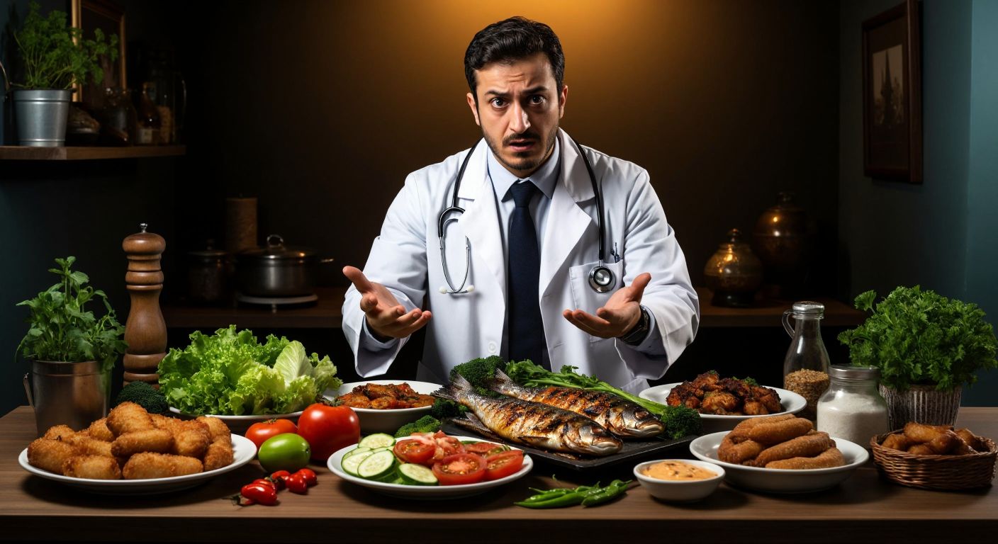 A concerned Turkish doctor in a white coat gestures toward a plate of fresh vegetables and grilled fish while gently pushing away a tray of greasy fried foods and sugary pastries.
