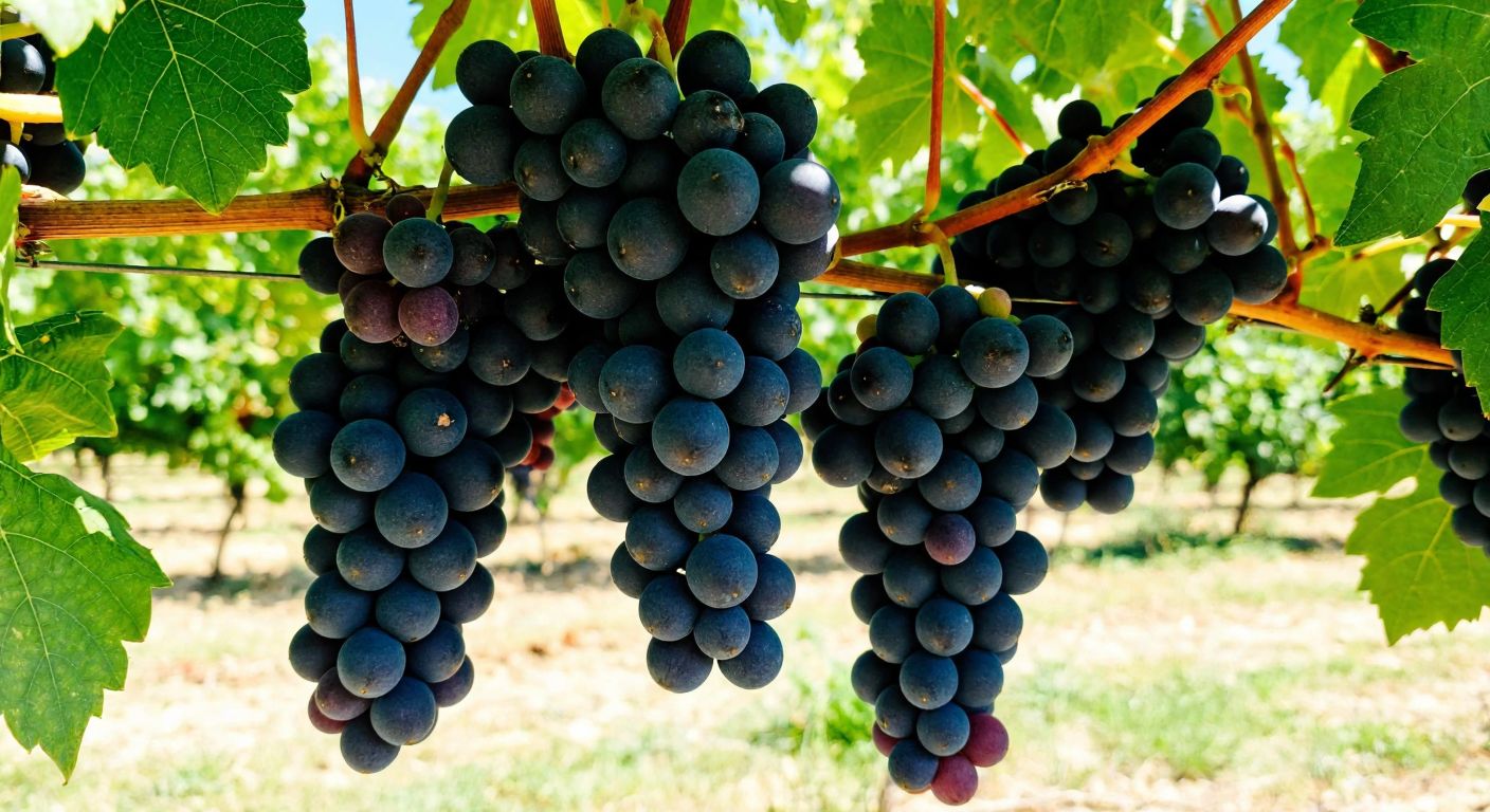 A close-up of a ripe grapevine branch with clusters of plump purple grapes hanging under the warm Turkish sun, evoking curiosity and playful discovery.