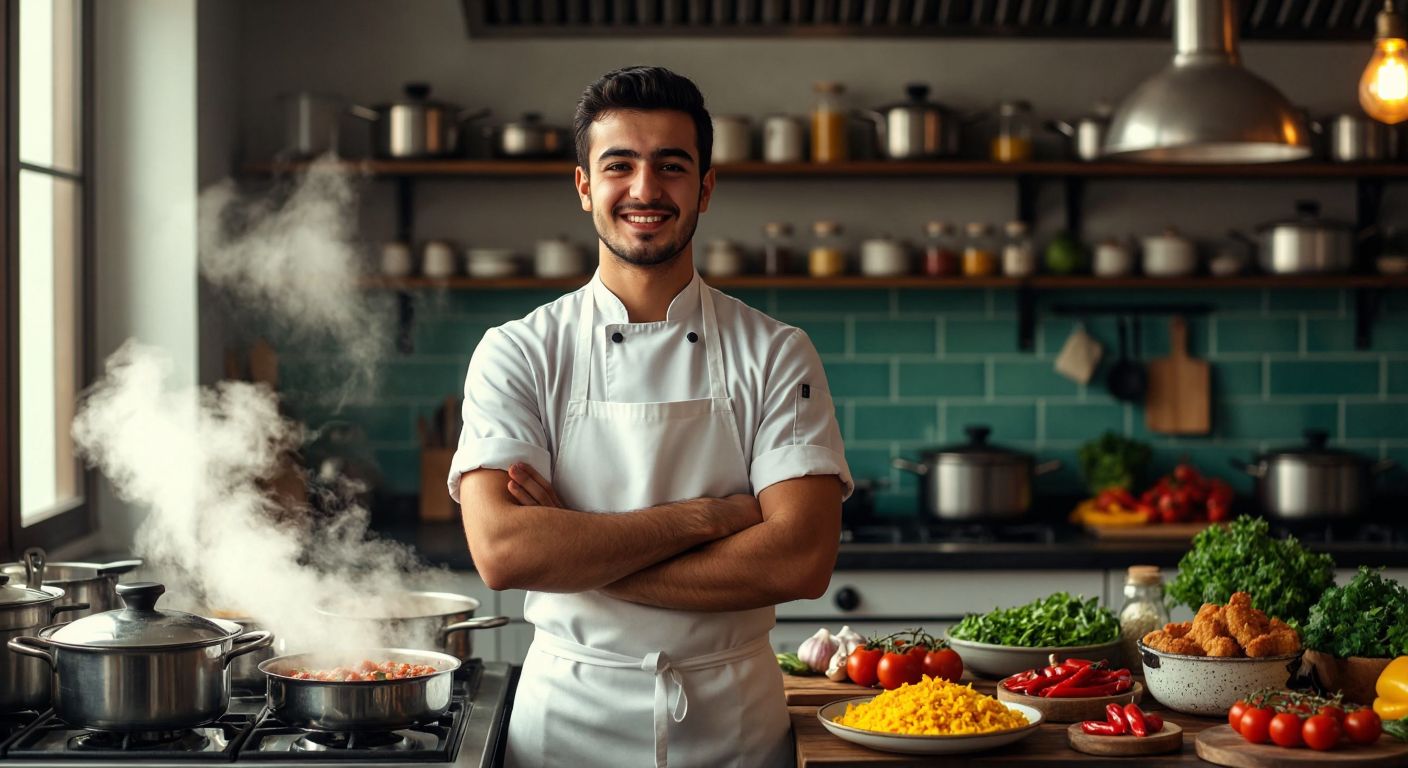 A determined young Turkish chef in a white apron stands confidently in a bright kitchen, surrounded by colorful ingredients and steaming pots, with a proud smile as if returning to a competition.