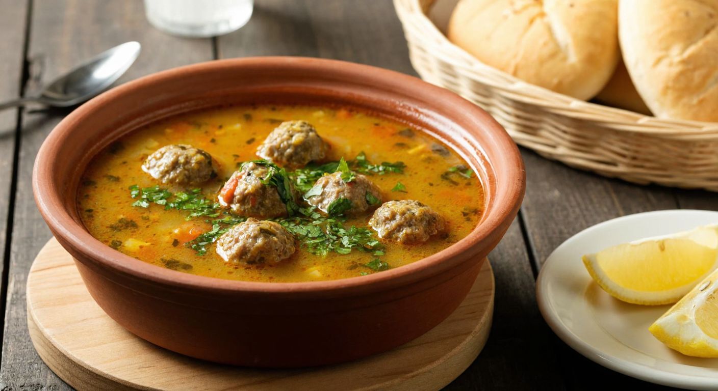 A steaming clay bowl of tangy *ekşili köfte çorbası* with tender meatballs and fresh herbs, placed on a rustic wooden table beside a small plate of lemon wedges and a woven bread basket, evoking warmth and comfort in a traditional Turkish home.