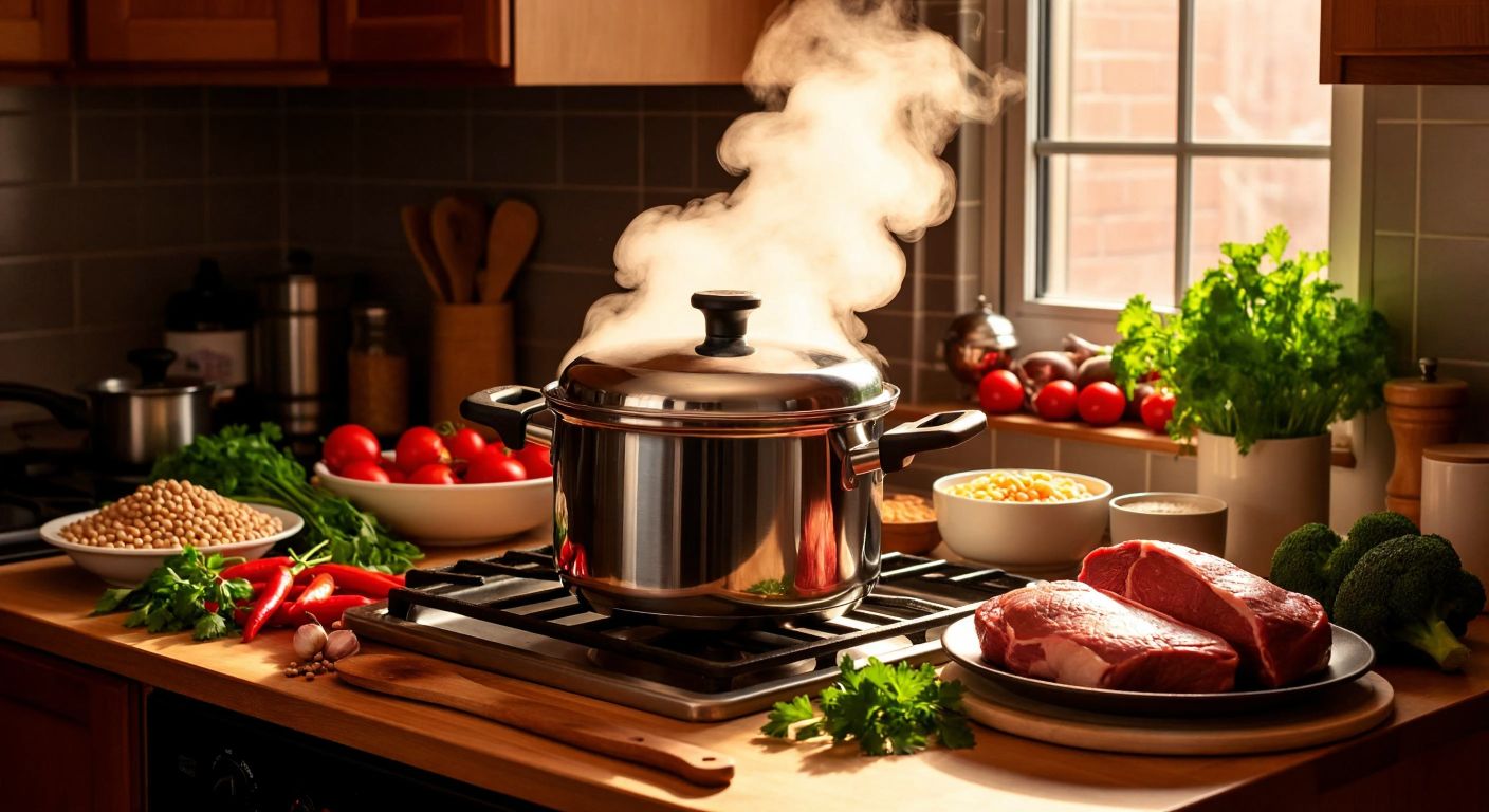 A steaming pressure cooker on a stovetop surrounded by fresh ingredients like beans, chickpeas, lentils, chicken, and cuts of lamb and beef, with a warm kitchen light casting a cozy glow.
