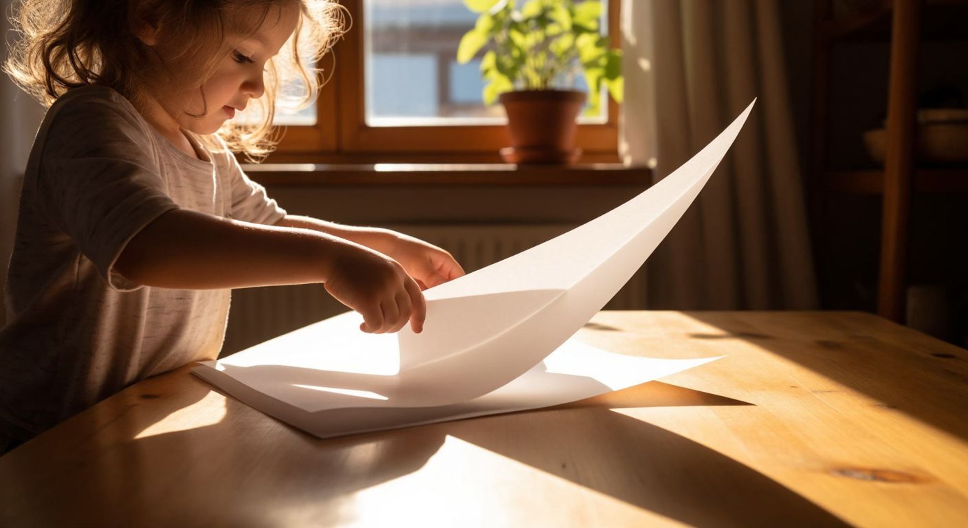 A child’s hands carefully folding a white sheet of paper into a boomerang shape on a wooden table, with sunlight streaming through a window in a cozy Turkish home.