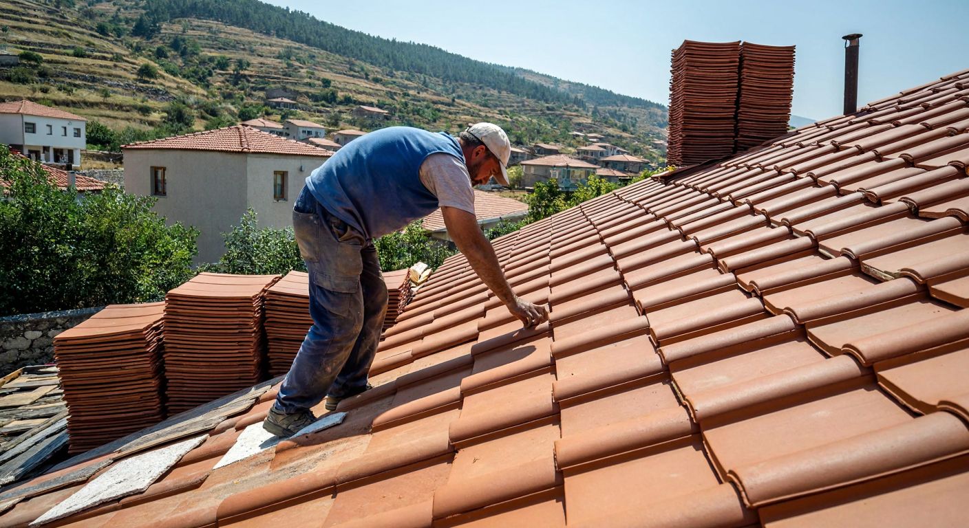 A skilled roofer in a sunlit Turkish village carefully arranges terracotta Marsilya tiles on a sloped rooftop, with stacks of different tile types nearby.