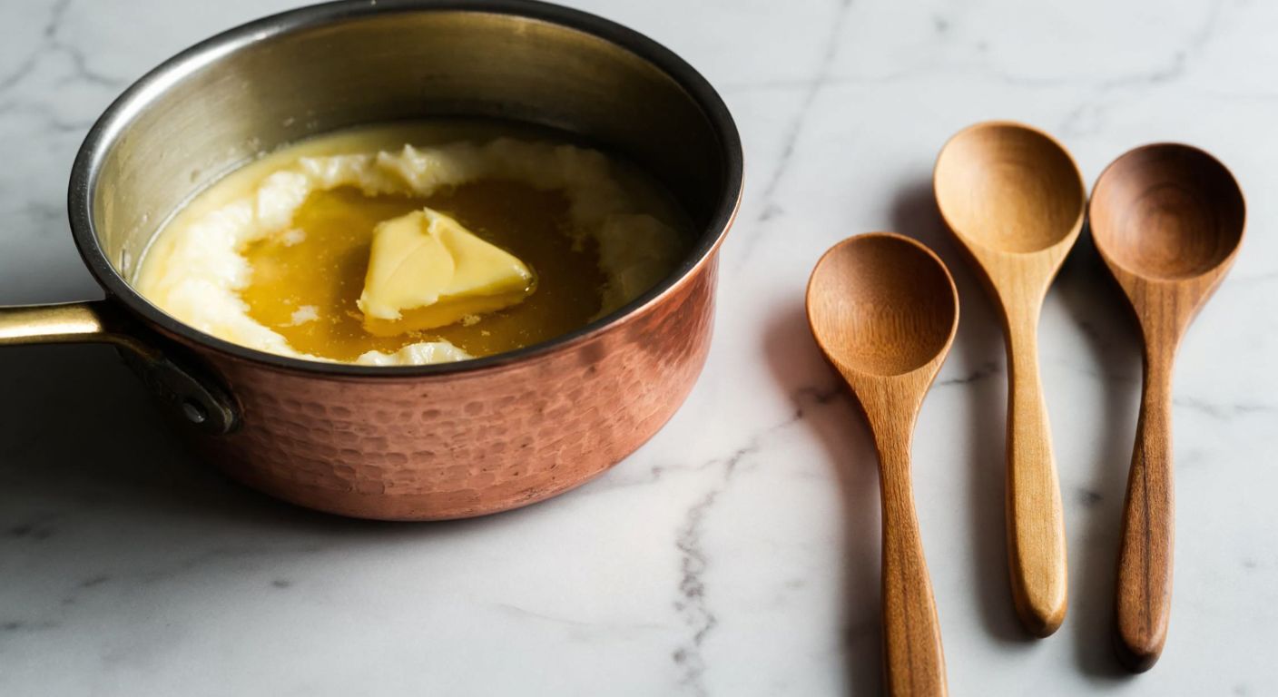 A warm Turkish kitchen with golden butter melting in a small copper pot, three and a half wooden tablespoons resting beside it on a marble countertop.