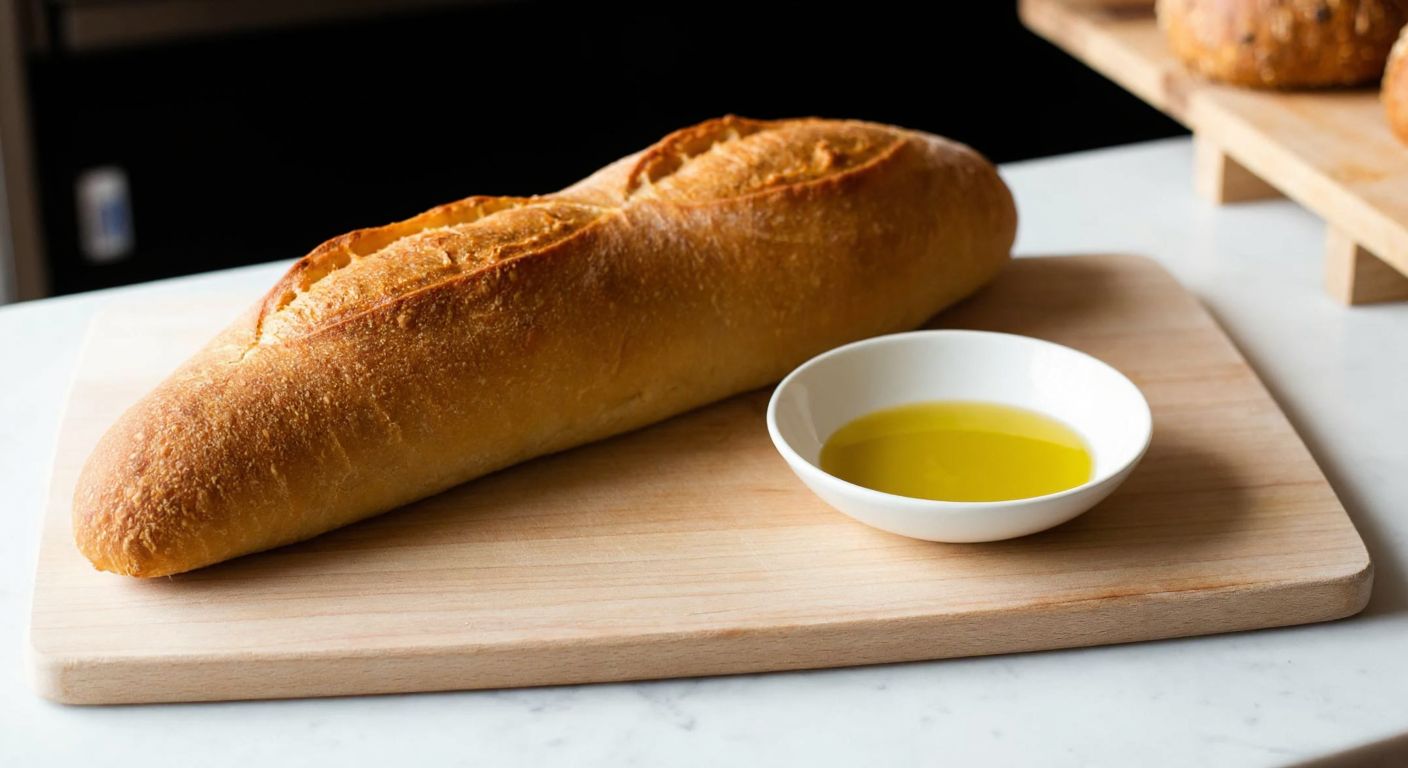 A golden-brown, crusty French-style baguette resting on a wooden cutting board beside a small bowl of olive oil, with a warm bakery setting in the background.