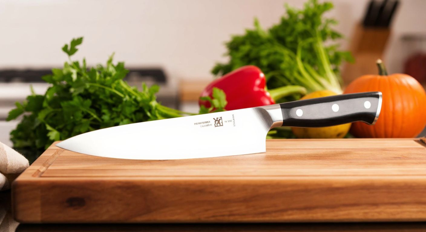 A sleek, high-end chef's knife (Zwilling) resting on a polished wooden cutting board beside a simpler, more affordable knife (Henckels), with a warm kitchen backdrop featuring fresh herbs and vegetables.