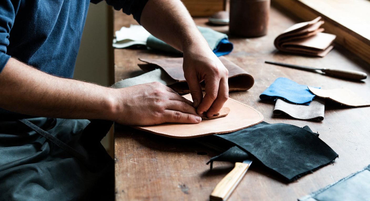 A Turkish artisan’s hands carefully stitching a sturdy leather base for a backpack, surrounded by scattered fabric scraps and tools on a wooden workshop table.