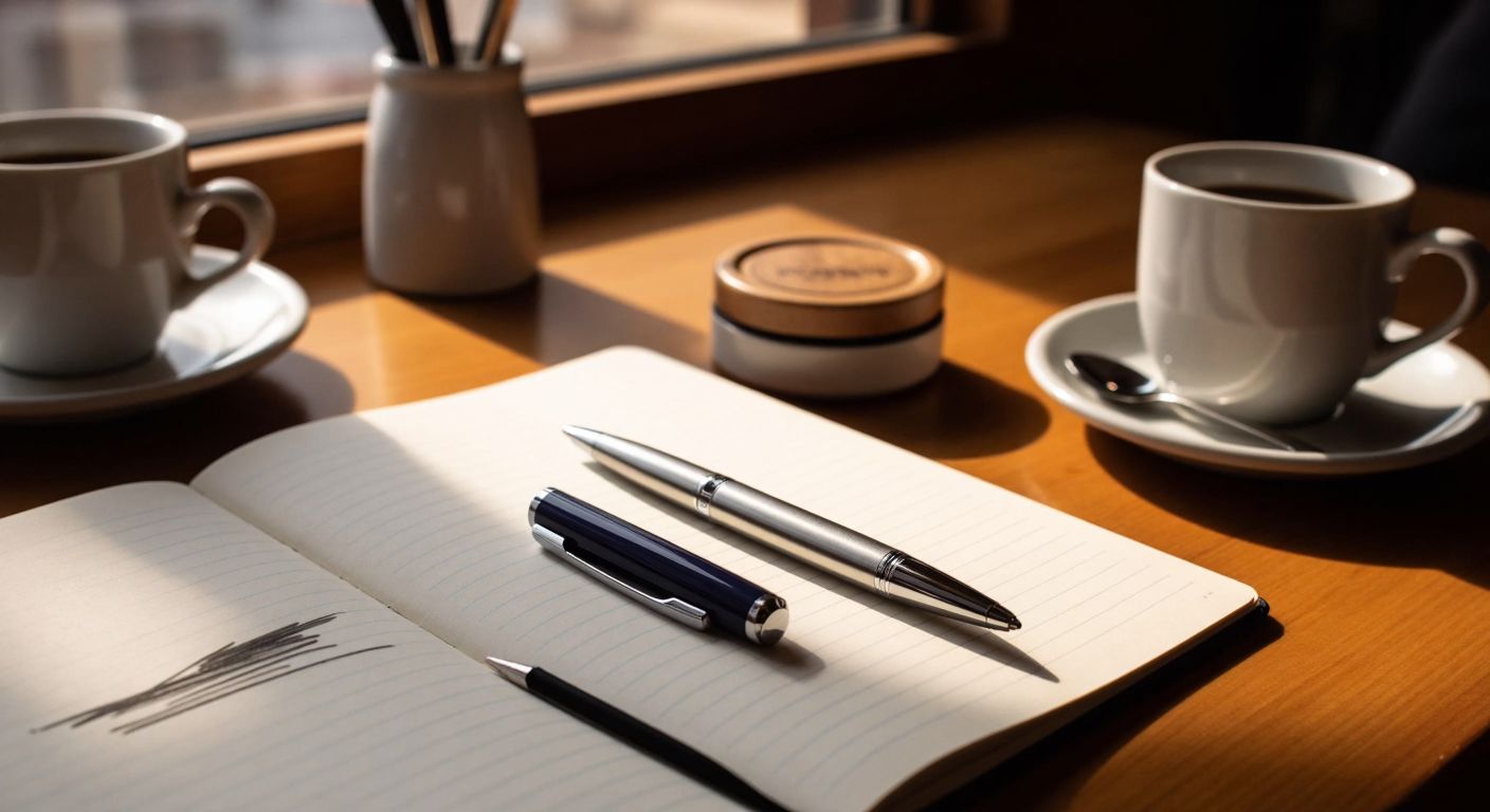 A sleek silver Inoxcrom pen resting on a wooden desk beside a notebook with smooth, bold ink strokes, under warm Turkish café lighting.
