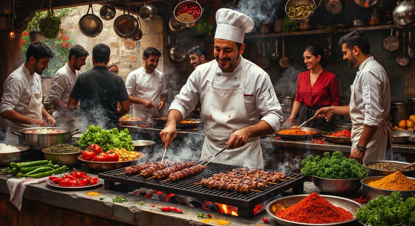 A vibrant kitchen scene with a Turkish chef in a white apron grilling kebabs over glowing embers, surrounded by colorful spices, fresh vegetables, and steaming pots, while a diverse group of people eagerly watches and smiles.