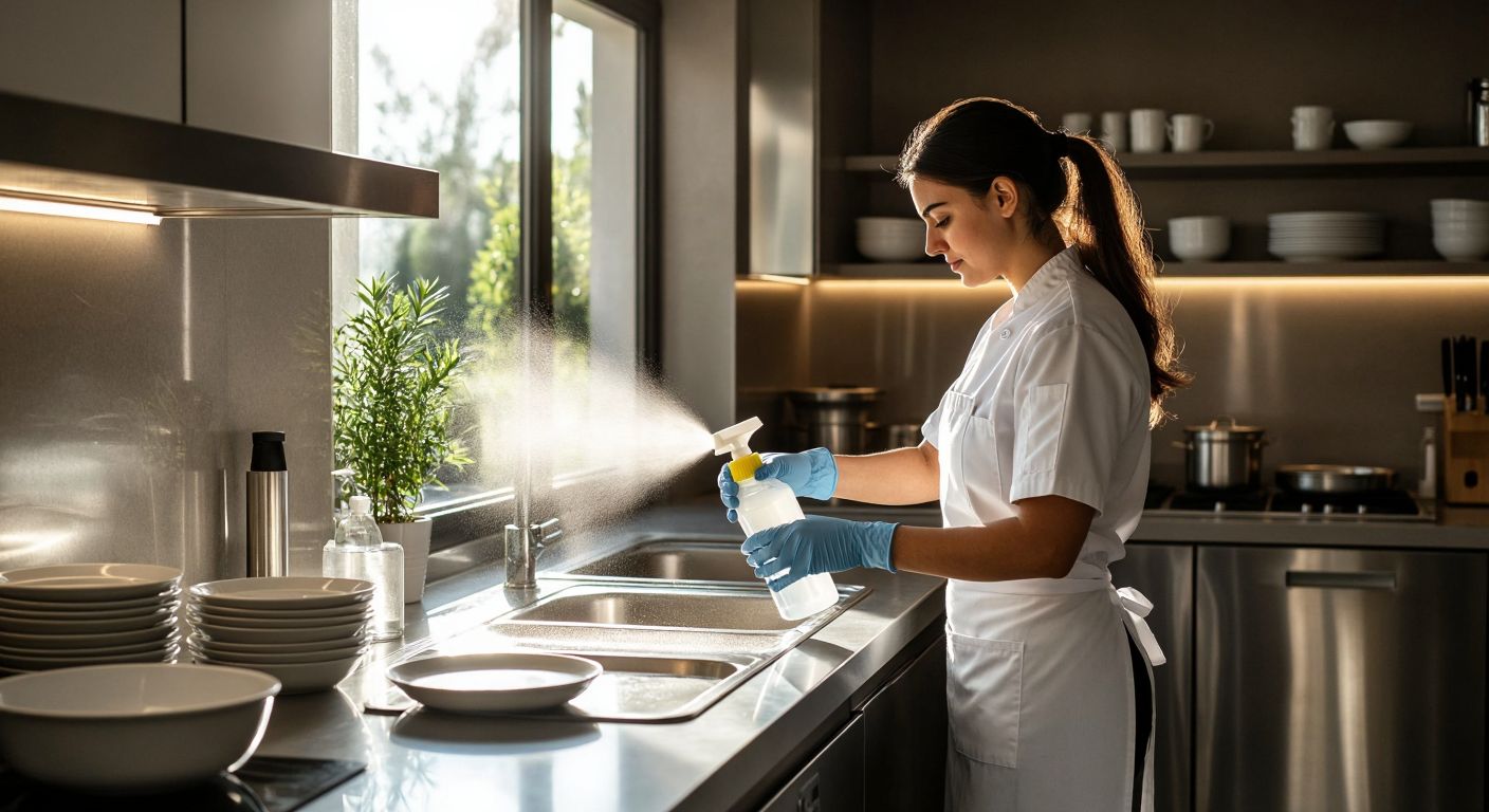 A Turkish hotel worker in a crisp white uniform sprays Ecolab cleaner on a stainless steel kitchen counter, surrounded by spotless dishes and gleaming surfaces, while sunlight streams through a window.