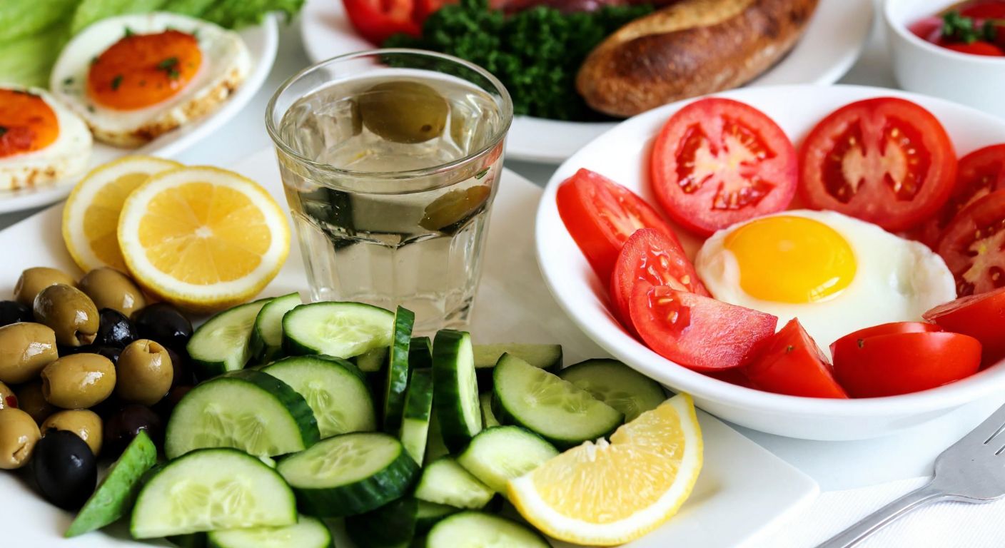 A vibrant Turkish breakfast spread with fresh tomatoes, cucumbers, olives, and eggs, symbolizing protein and fats, while a glass of water and sliced lemons represent regulatory nutrients.