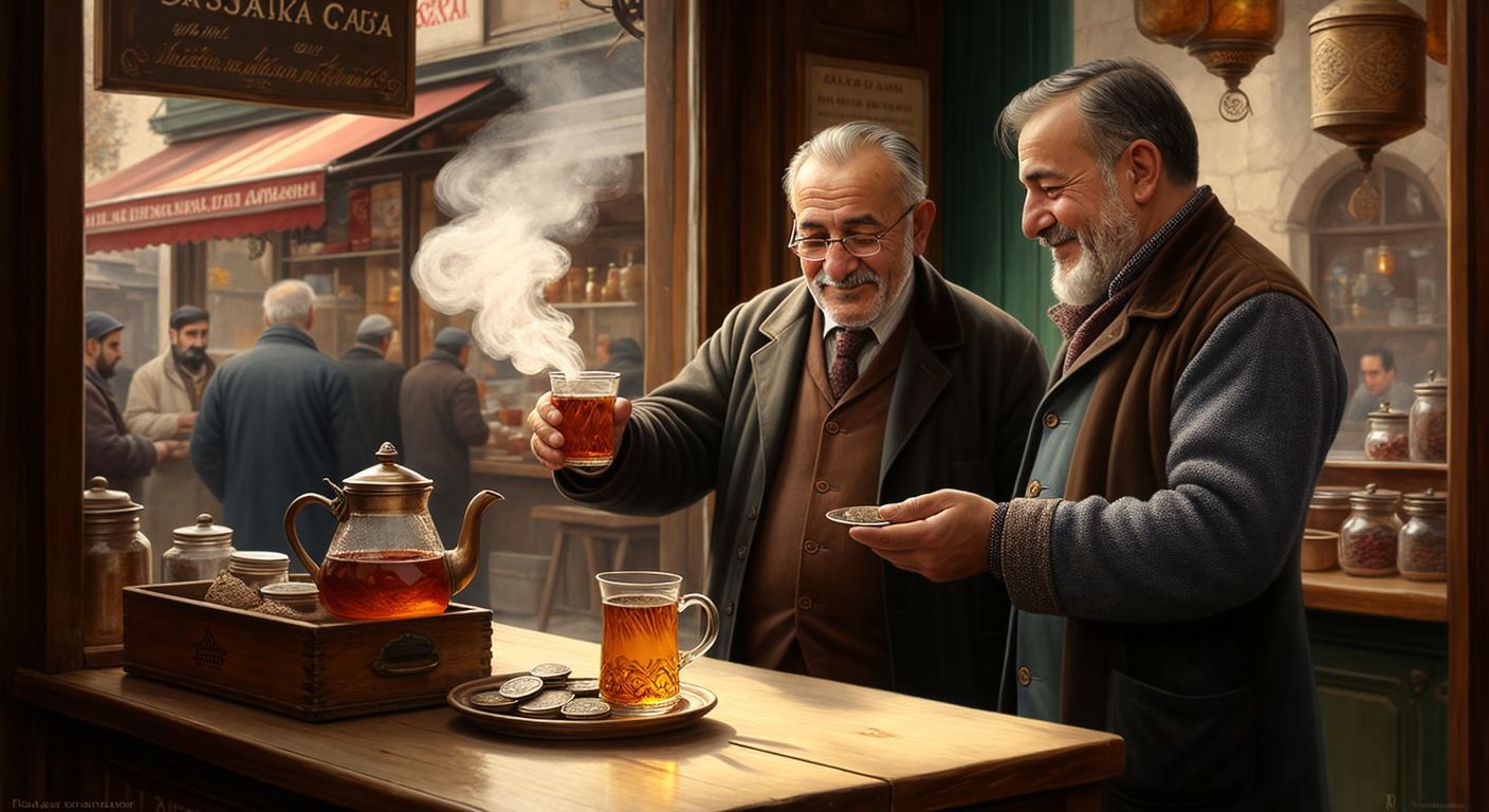 A warm, bustling Turkish tea house in Istanbul with a copper tea kettle steaming on a counter, a kind-faced shopkeeper handing a small glass of amber tea to a grateful elderly man, while another customer leaves coins in a wooden box labeled "askıda çay."  

(Note: The label "askıda çay" is implied by context but not visually depicted, adhering to the no-text rule.)
