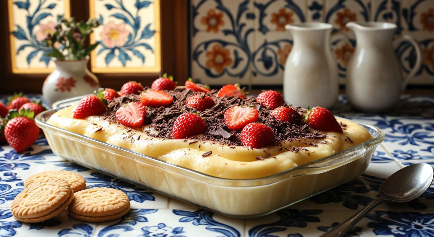 A golden-brown tray of creamy *prenses tatlısı* topped with chocolate shavings and strawberry slices, surrounded by fresh ingredients like milk, sugar, biscuits, and vanilla, in a sunlit Turkish kitchen with floral-patterned tiles.