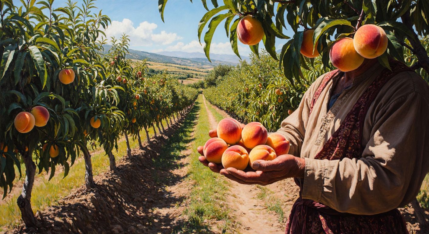 A sunlit Turkish orchard with rows of peach trees heavy with ripe, golden-yellow and blush-red fruits, their leaves glistening under the warm Anatolian sun, while a farmer in traditional attire gently holds a plump Blake peach in their calloused hands.