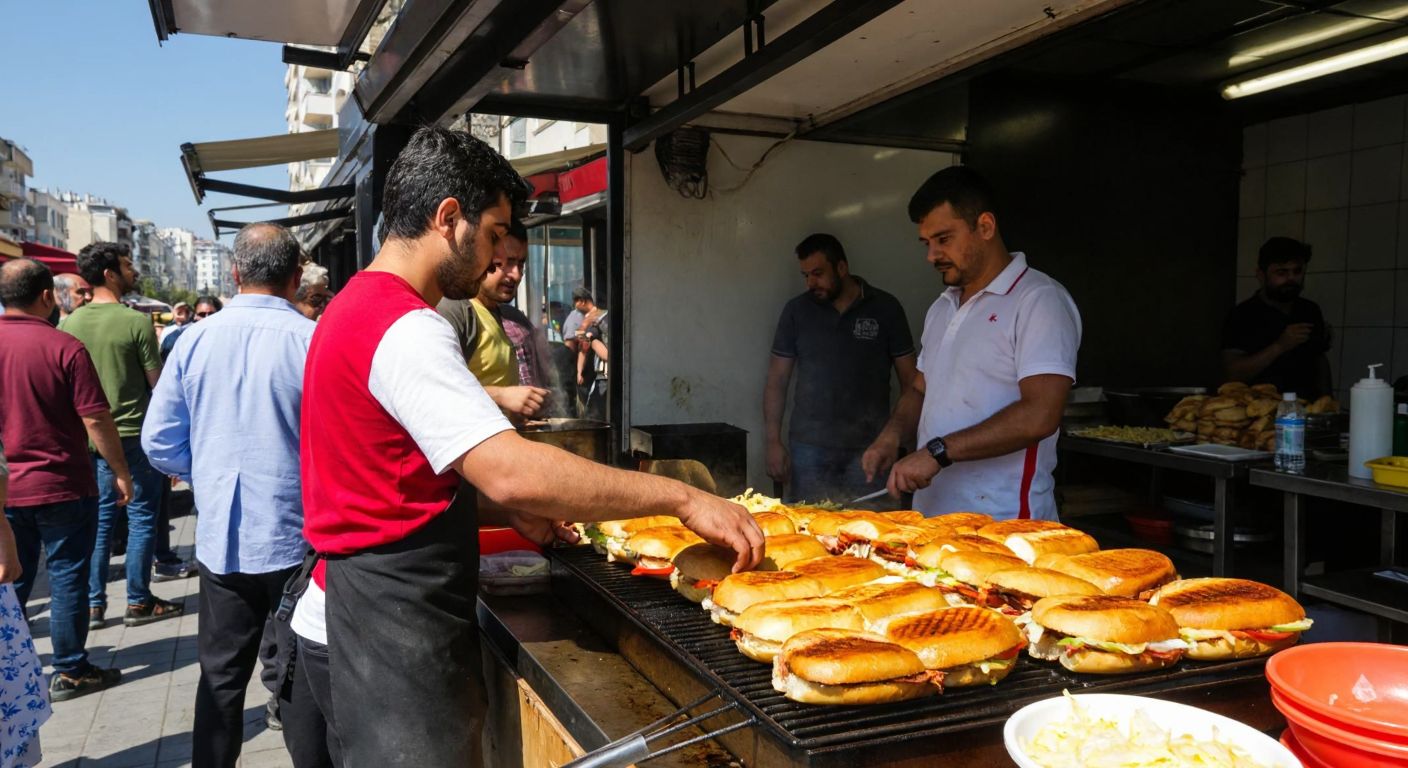 A bustling street vendor in İzmir grills golden-brown kumru sandwiches, their savory aroma drawing a crowd of eager locals under the warm Mediterranean sun.