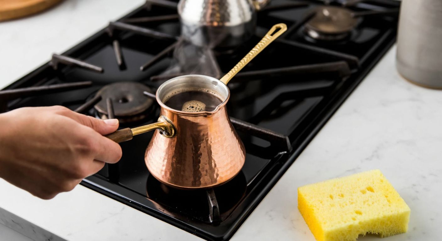 A traditional Turkish copper cezve overflowing with dark coffee foam on a stovetop, with a hand reaching to turn off the flame while steam rises, and a soft sponge resting nearby on a marble countertop.