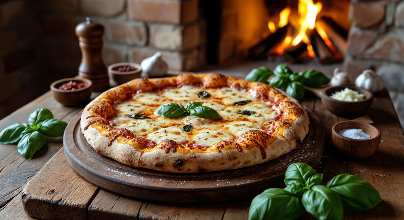 A golden, bubbling pizza topped with melted mozzarella and kaşar cheese, fresh out of a brick oven, surrounded by fresh basil leaves and a rustic wooden table in a cozy Turkish kitchen.