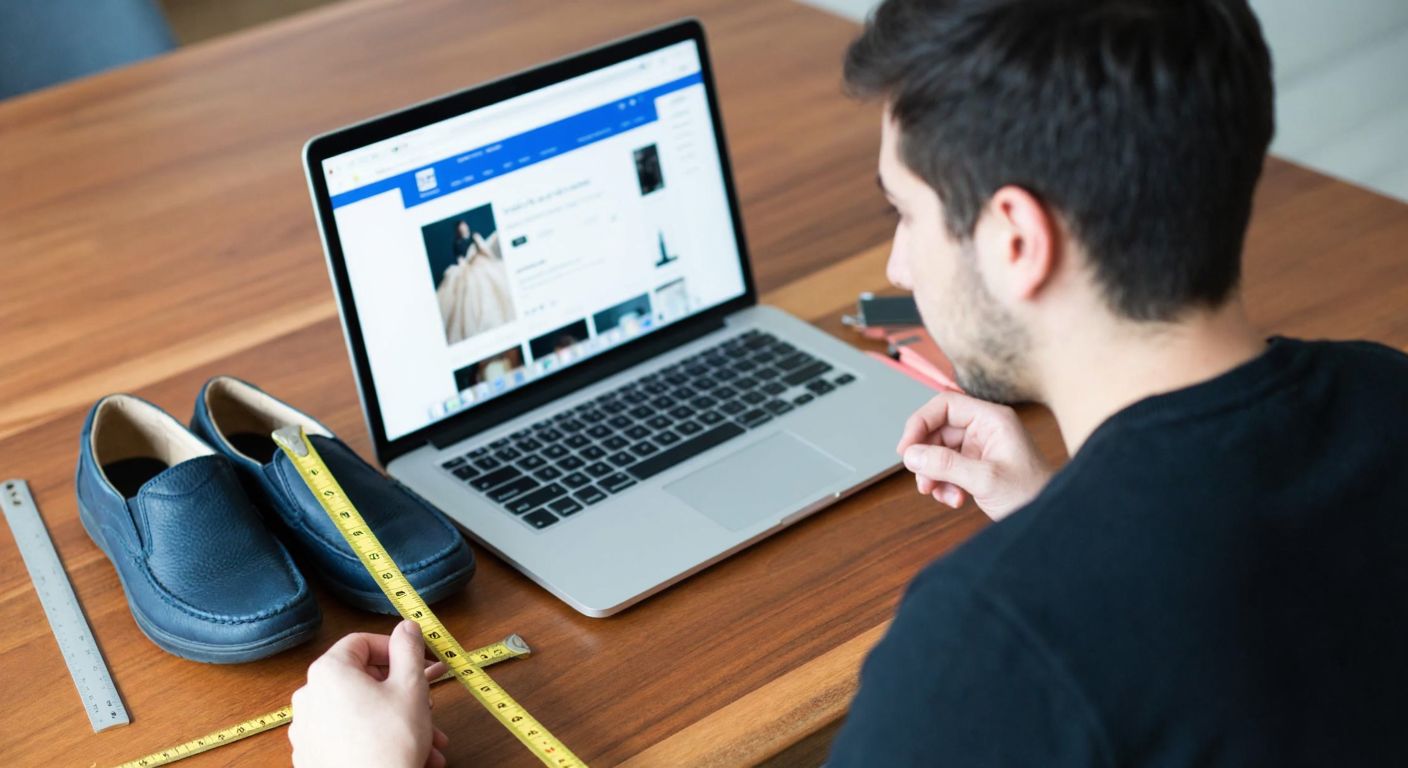 A person holding a measuring tape next to a pair of shoes on a wooden table, looking slightly puzzled while browsing a website on a laptop nearby.
