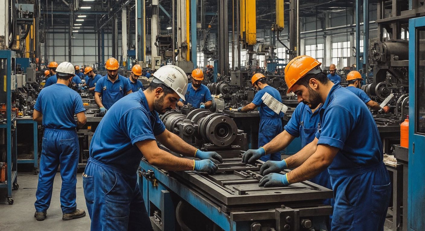 A group of Turkish workers in blue overalls and hard hats laboring in a bustling factory, assembling machinery while sweat glistens on their determined faces.