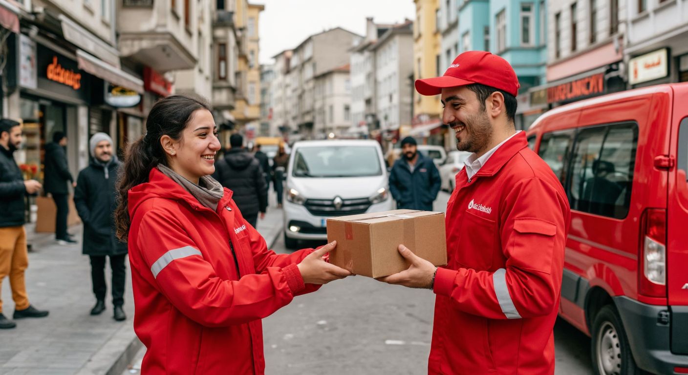 A Turkish courier in a bright red uniform hands a brown package to a smiling customer on a bustling Istanbul street, with a delivery van parked nearby.
