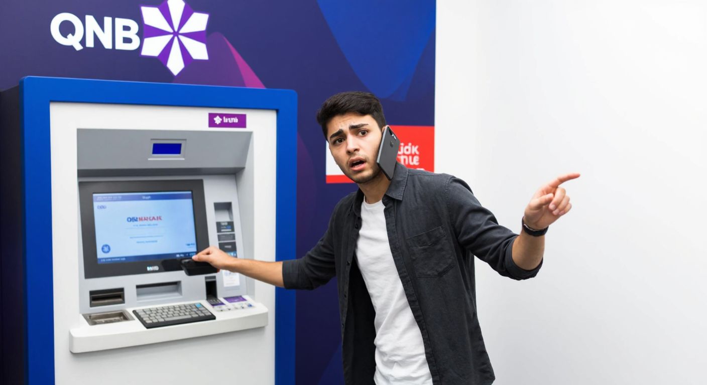 A frustrated person in casual attire stands at a QNB Finansbank ATM in Turkey, gesturing toward the machine with a concerned expression while holding a phone to their ear, with a bank branch visible in the background.