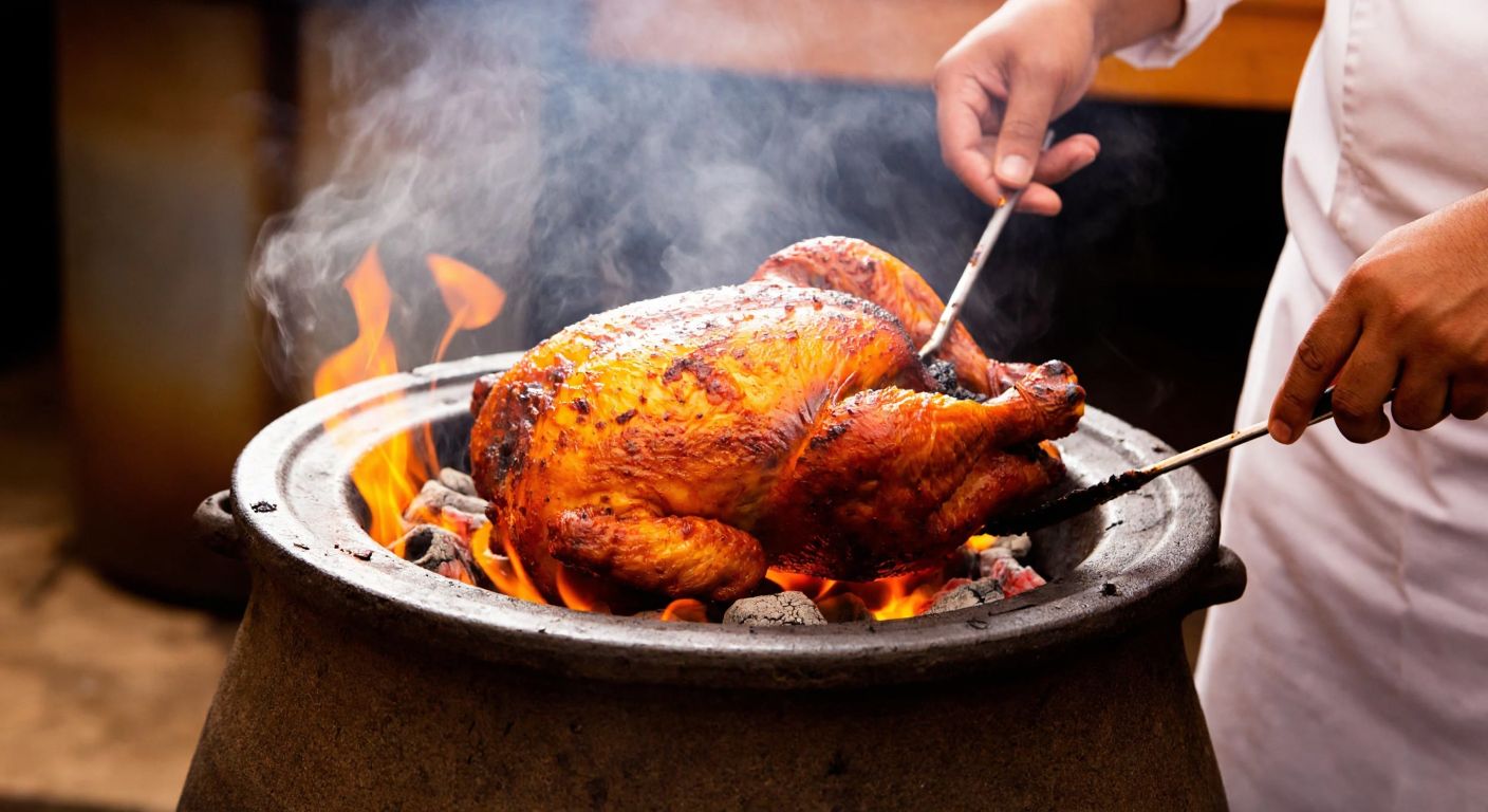 A golden-brown tandoori chicken sizzling in a traditional clay oven, surrounded by glowing embers, with steam rising and a cook in a white apron checking its doneness with a skewer.