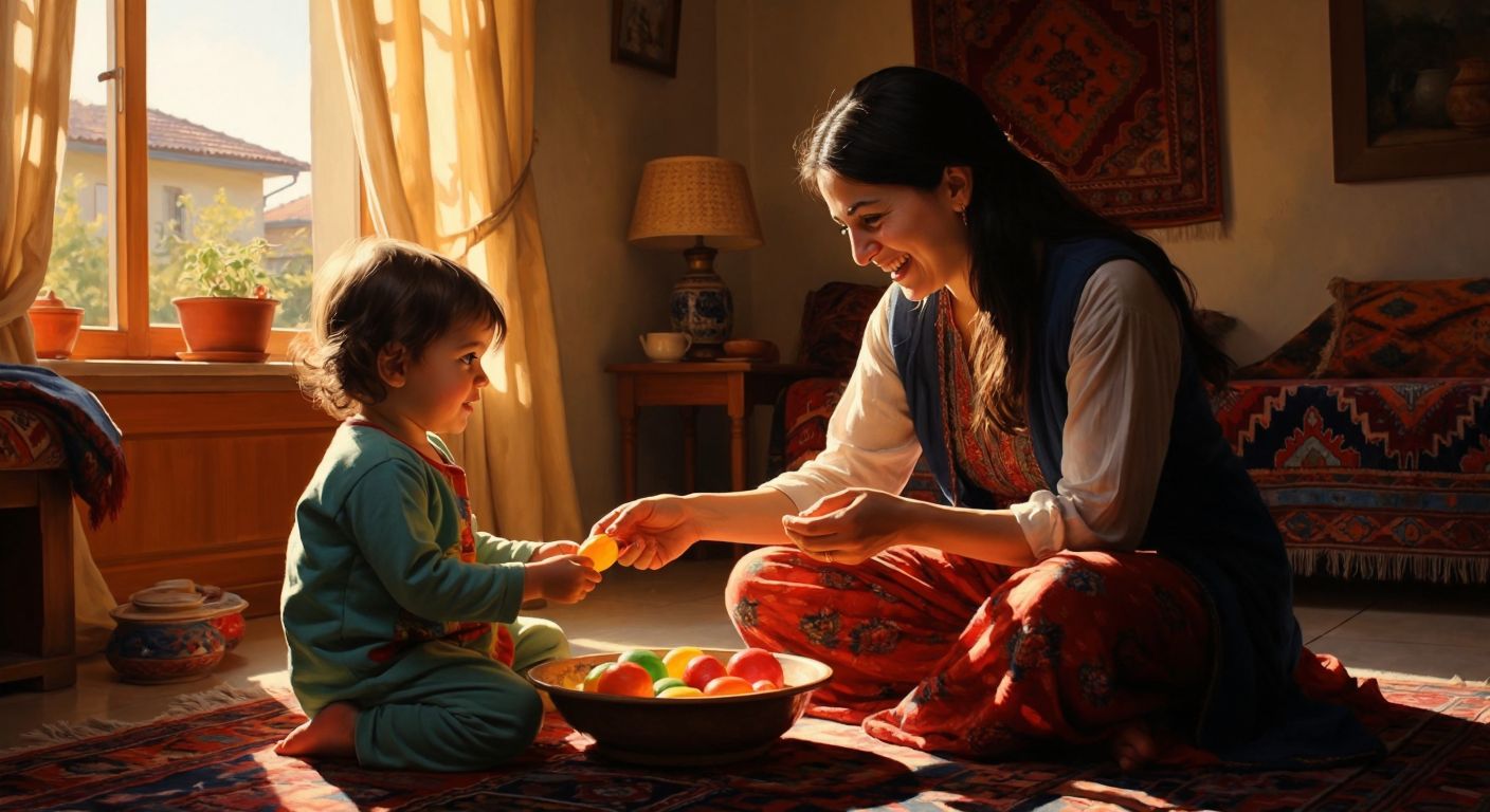 A smiling Turkish mother hands a brightly colored, blunt-edged plastic toy knife to her curious preschool-aged child in a sunlit living room with a traditional Turkish rug in the background.