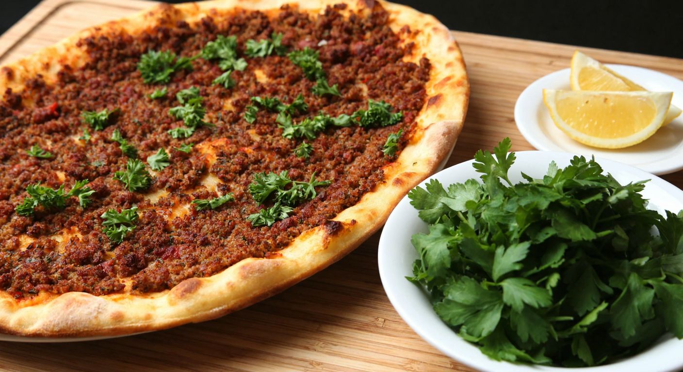A golden-brown half of a crispy lahmacun topped with minced meat and herbs, placed on a wooden table beside a small bowl of fresh parsley and lemon wedges, evoking the warmth of a Turkish eatery.