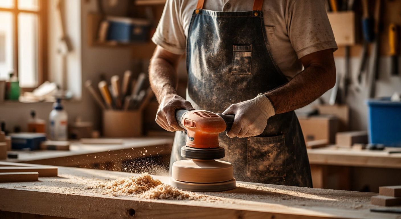 A Turkish craftsman in a woodworking shop, wearing a dust-covered apron, holds a vibrating sander in one hand and a palm sander in the other, with wood shavings scattered on a workbench under warm workshop lighting.