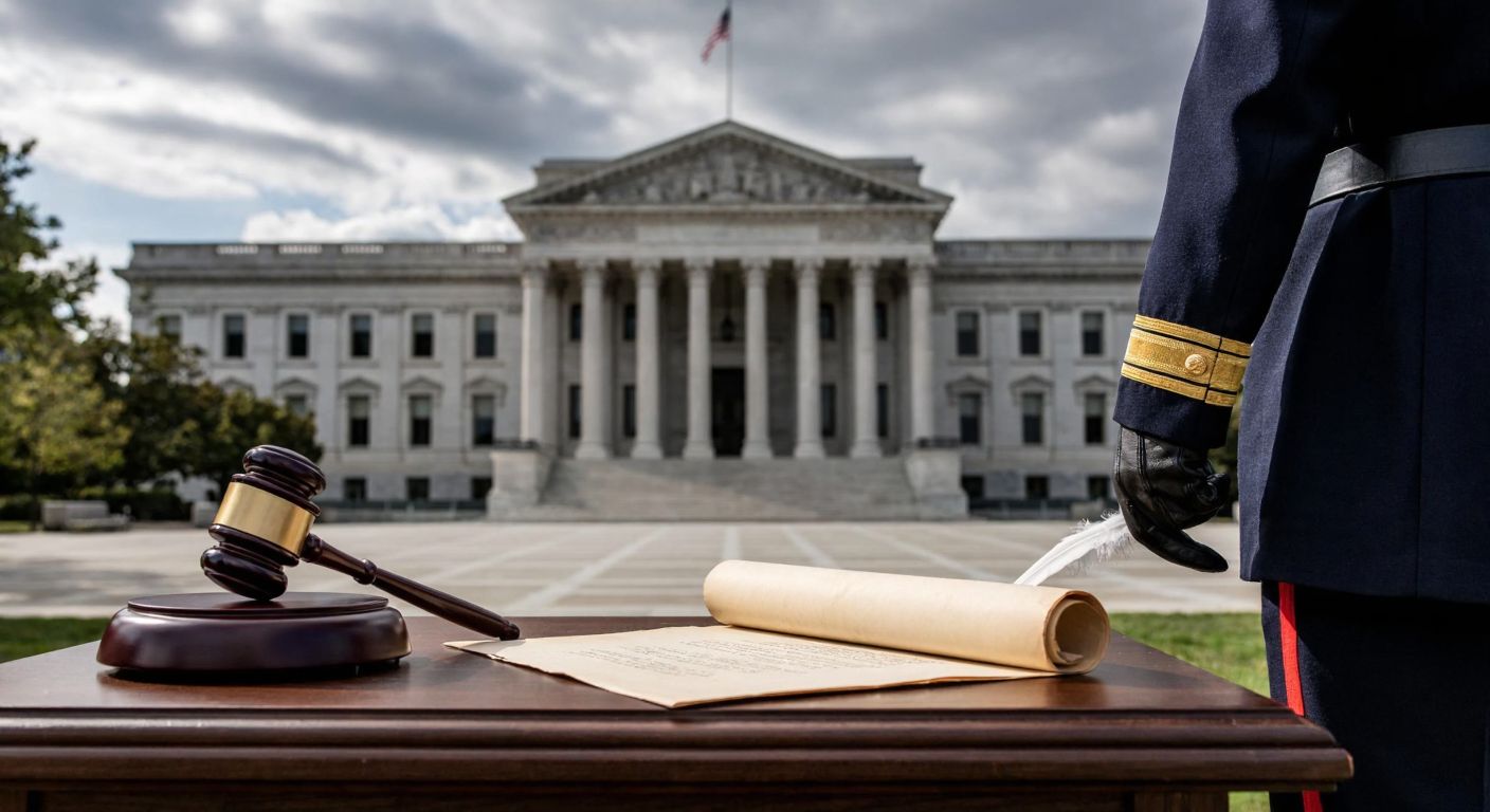 A grand neoclassical courthouse with a judge's gavel on a wooden bench, a quill pen resting on parchment, and a uniformed official holding a rolled-up document, symbolizing the three branches of government.
