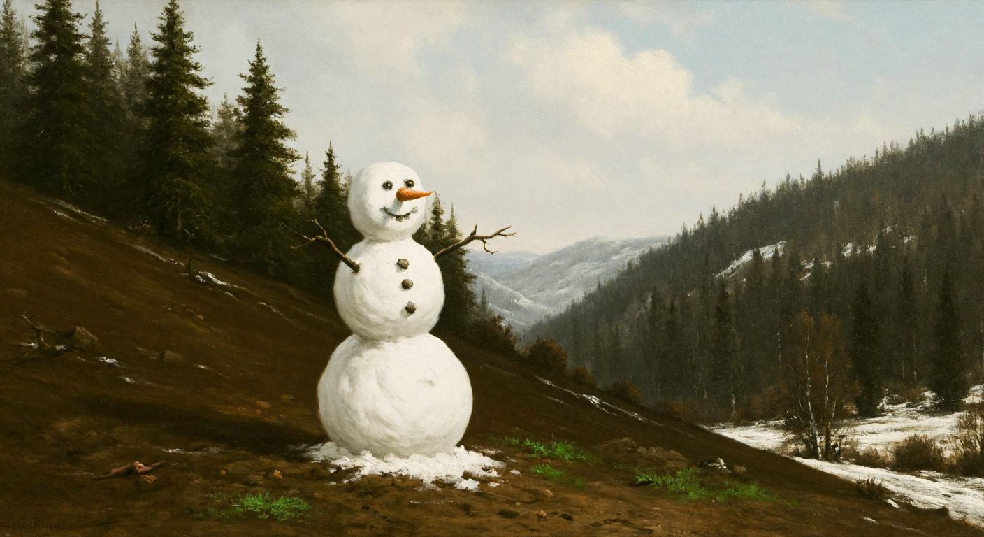 A smiling snowman with three stacked snowballs stands on a shaded, earthy mountain slope, surrounded by pine trees and patches of snow under a soft winter sky.