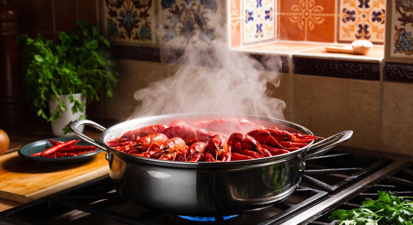 A bubbling pot of water on a stove with fresh crayfish turning bright red, steam rising, and a Turkish kitchen setting with ceramic tiles and herbs in the background.