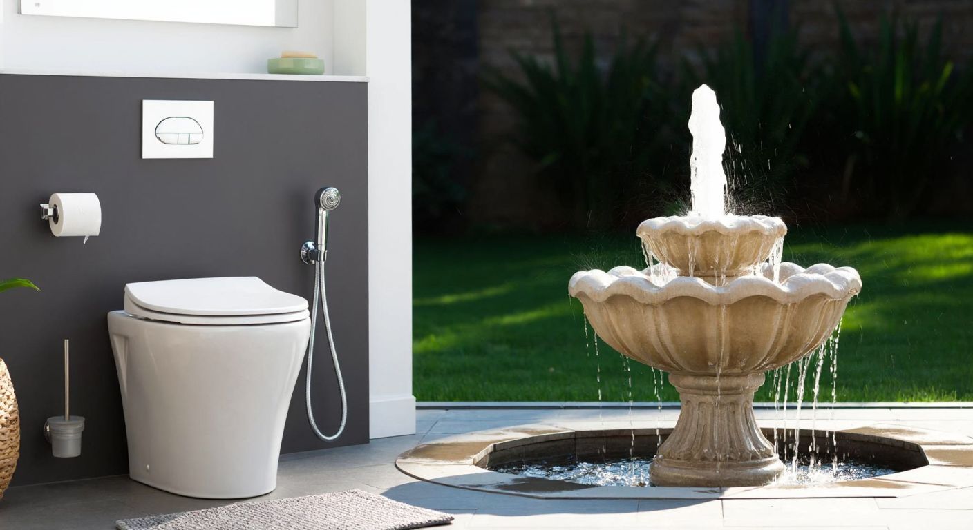 A modern Turkish bathroom with a sleek bidet sprayer next to a toilet, and a separate scene of a decorative garden fountain with water arcing gracefully under sunlight.