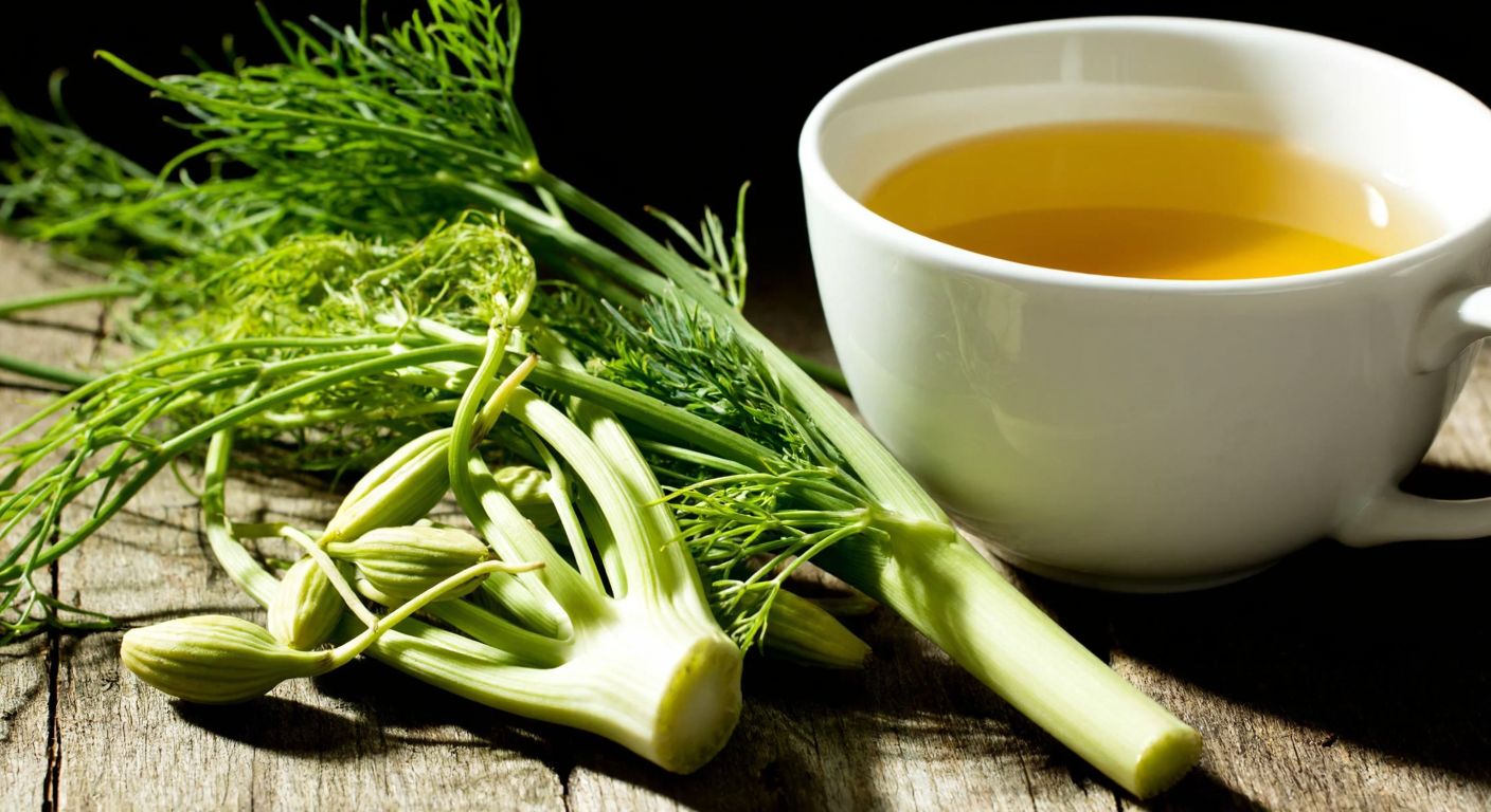 A close-up of fresh fennel seeds and green fronds resting on a rustic wooden table in warm sunlight, with a steaming cup of golden fennel tea beside them.