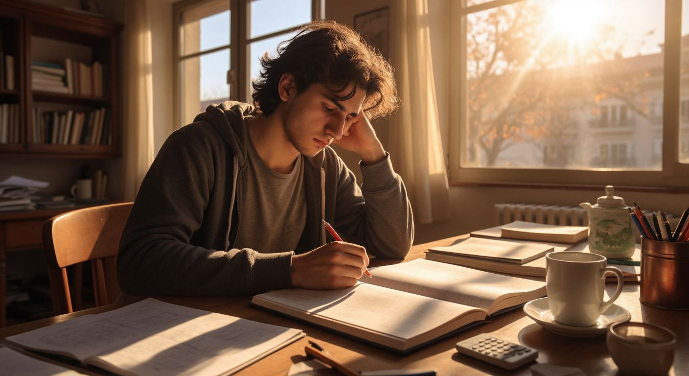 A focused Turkish student sits at a wooden desk in a sunlit room, surrounded by open math textbooks, graph paper filled with equations, and a steaming cup of çay, their brow furrowed in concentration while solving a calculus problem.