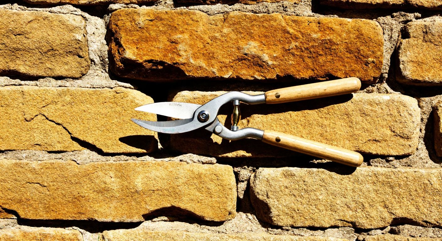A pair of sharp pruning shears with wooden handles resting on a rustic Spanish stone wall under warm sunlight.