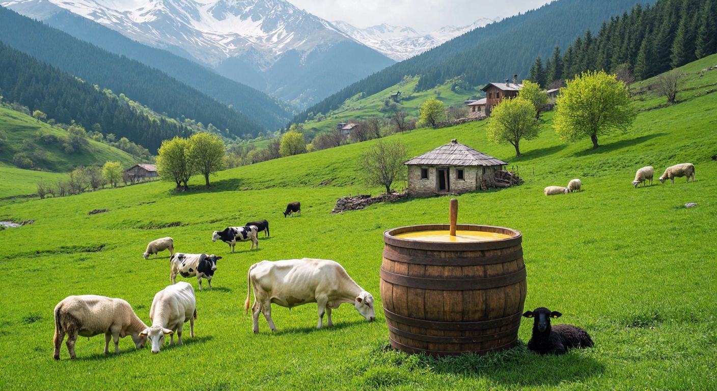 A lush green spring meadow in the Turkish highlands, with cows and sheep grazing on fresh grass, their milk churned into golden butter in a traditional wooden churn nearby.