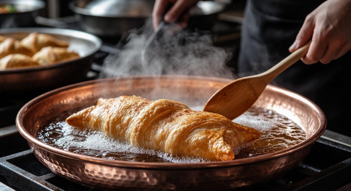A golden-brown, crispy keçi ayağı pastry sizzling in hot oil in a traditional Turkish copper pan, with steam rising and a cook’s hands using wooden tongs to flip it.