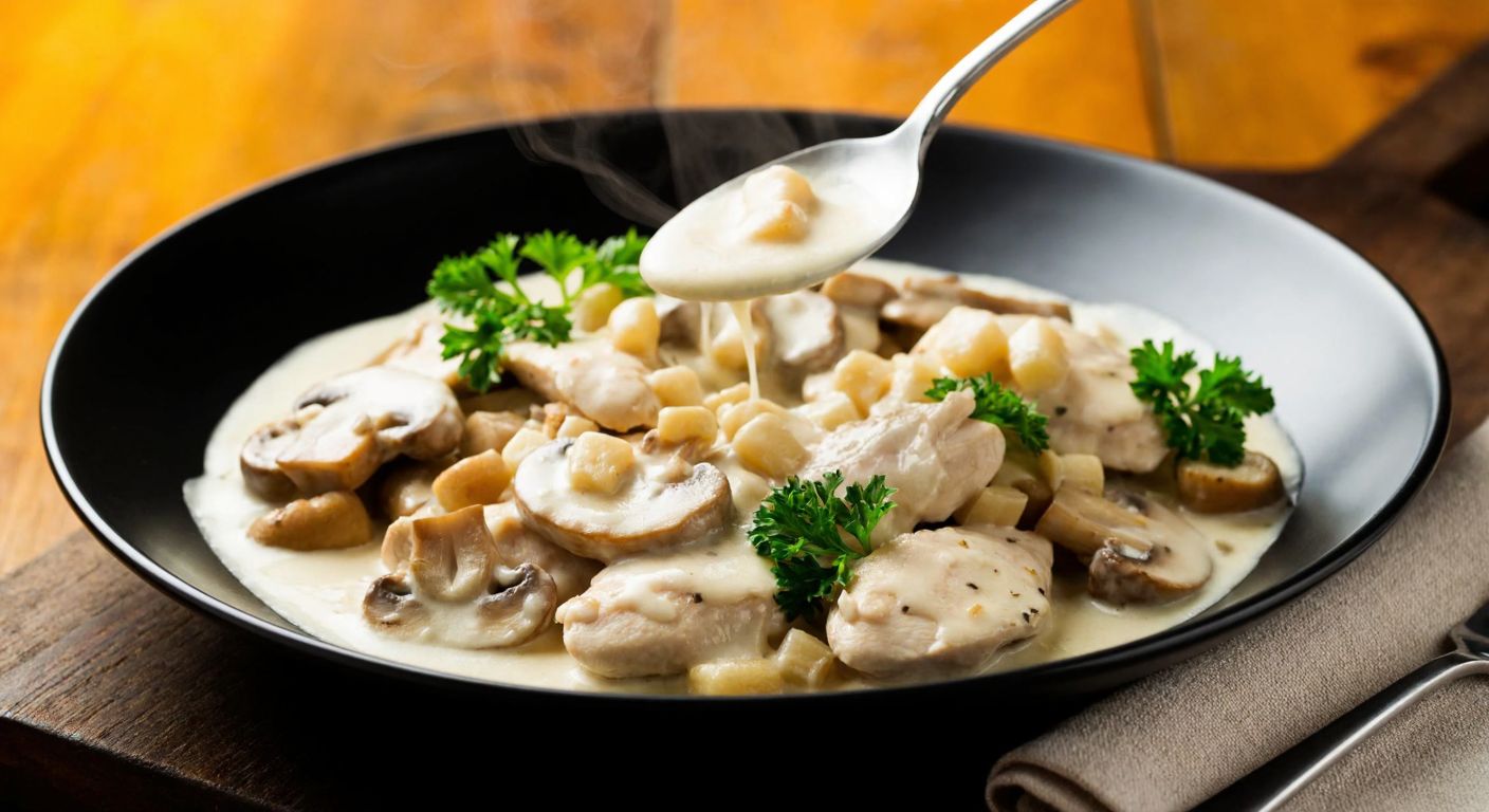 A steaming plate of tender chicken and mushrooms drizzled with creamy béchamel sauce, garnished with fresh parsley, set on a rustic wooden table with a warm, golden background.