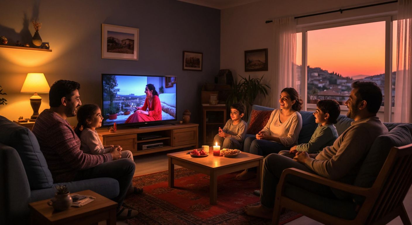 A cozy Turkish living room with a family gathered around a television, their faces lit by the glow of a colorful film playing, expressions ranging from laughter to thoughtful engagement.