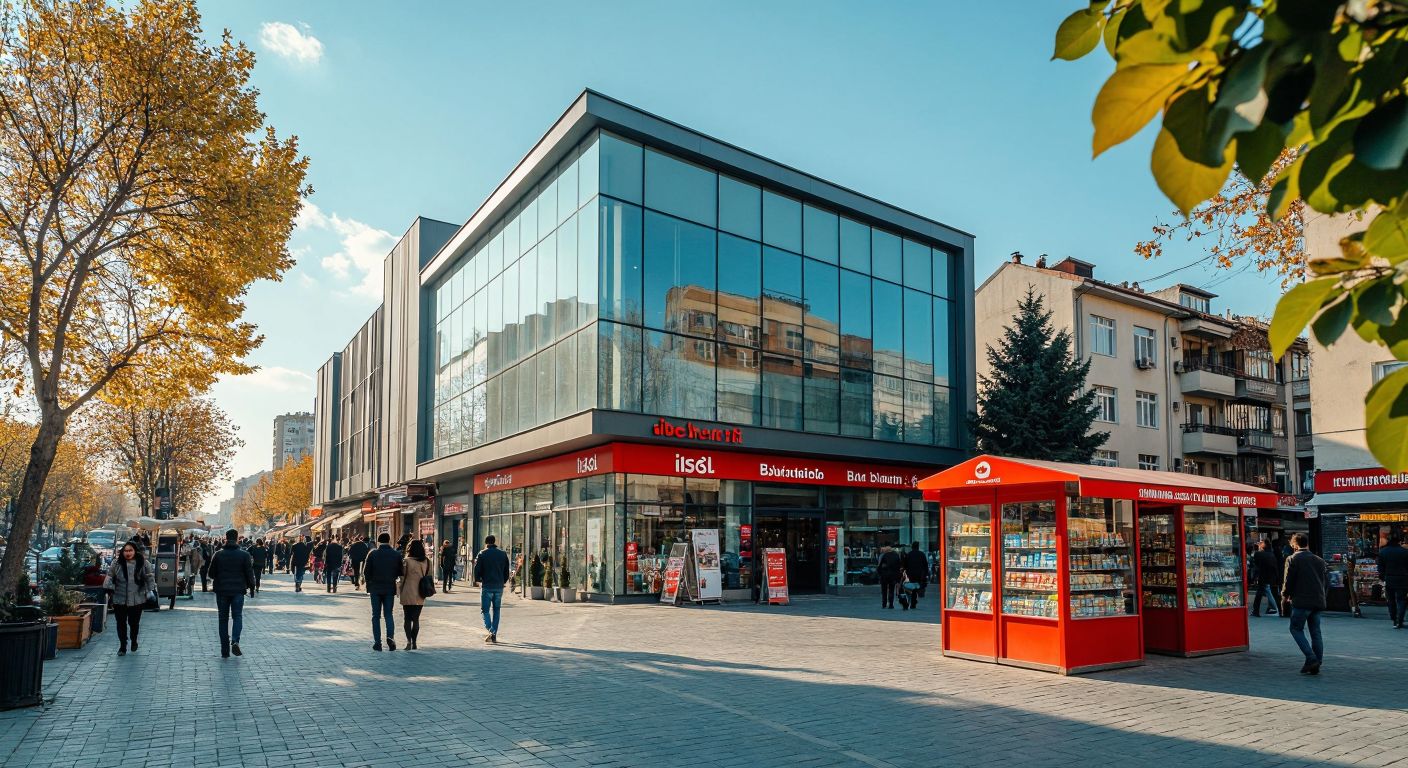 A modern İş Bankası branch with a glass facade stands on a bustling street in Yenibosna, surrounded by pedestrians and small shops, under the warm glow of a sunny Istanbul afternoon.