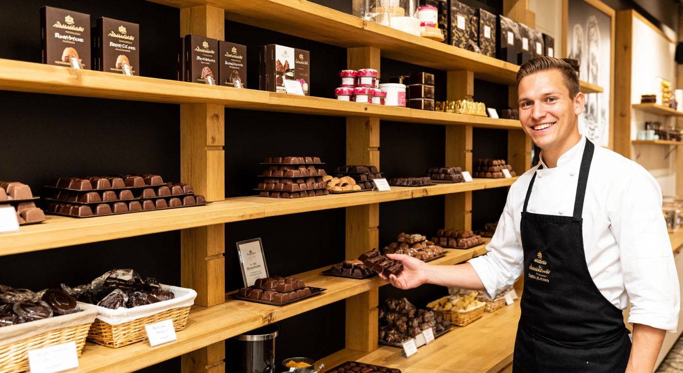 A rustic Danish chocolate shop in Copenhagen with wooden shelves displaying elegant Anthon Berg chocolates, a smiling baker in traditional attire arranging them neatly.