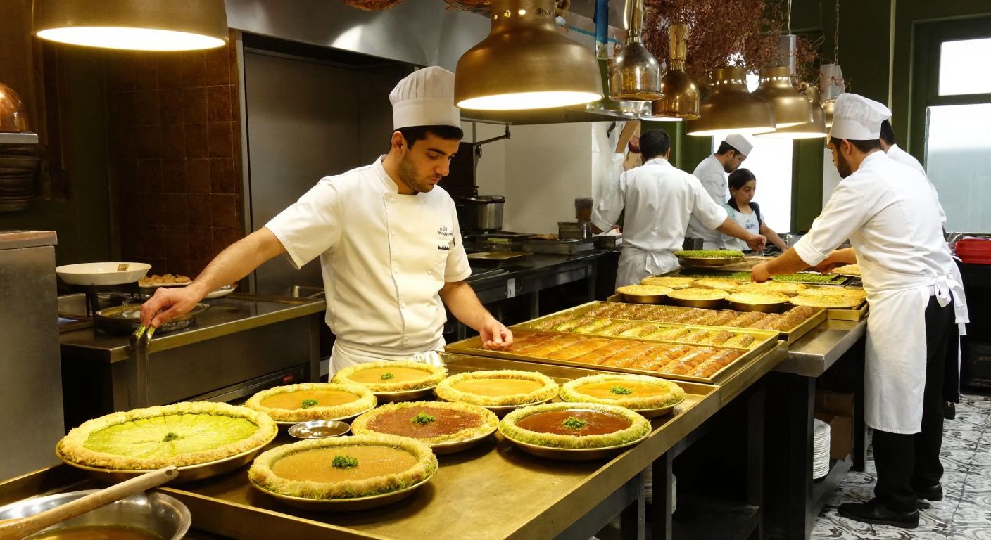 A bustling Turkish bakery with golden trays of flaky baklava, syrupy künefe, and coiled burma kadayıf, surrounded by chefs in white aprons carefully preparing the desserts.