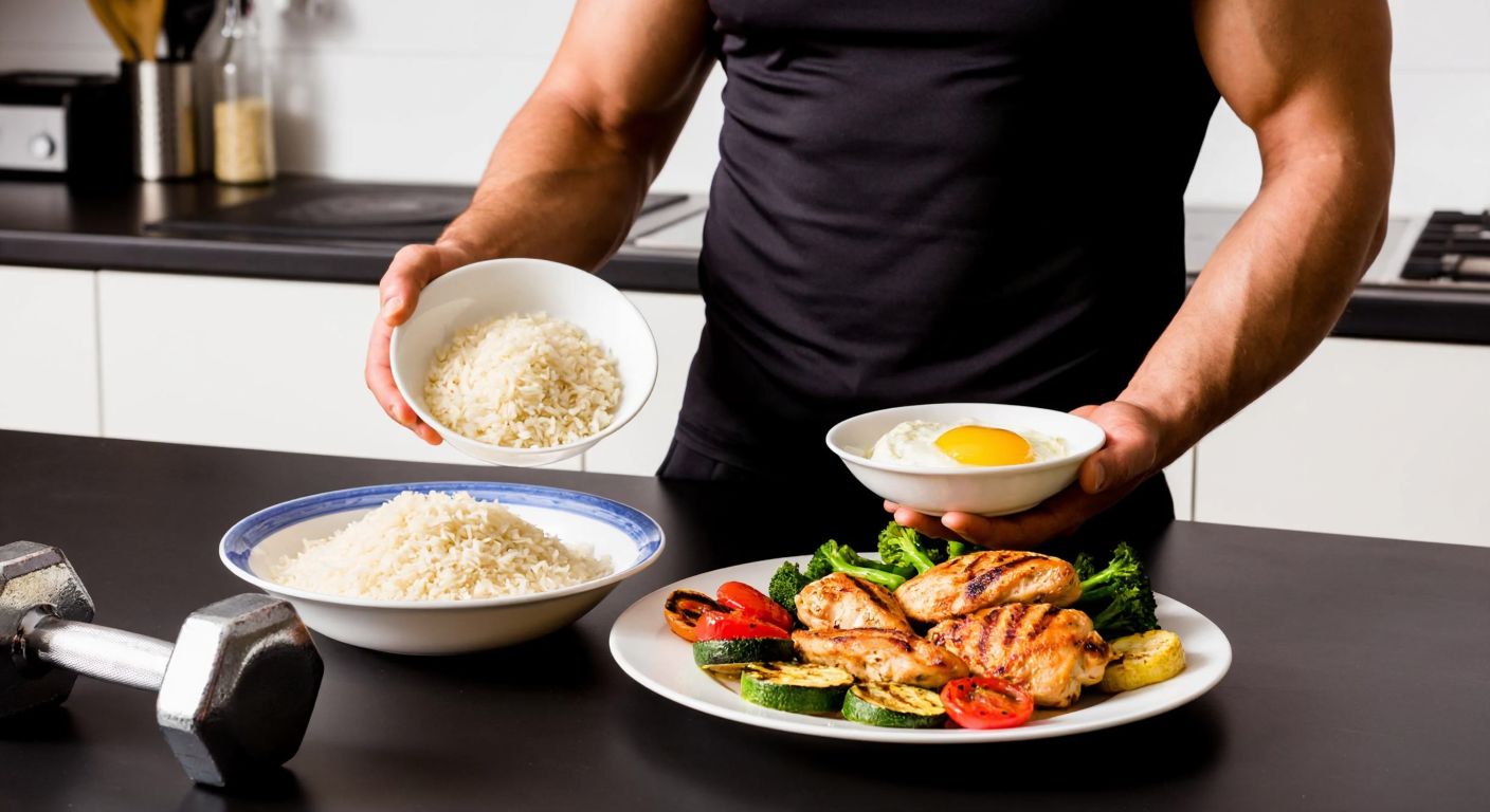 A muscular person in a Turkish kitchen holding a bowl of uncooked rice next to a plate of grilled chicken and vegetables, with a dumbbell resting on the counter.