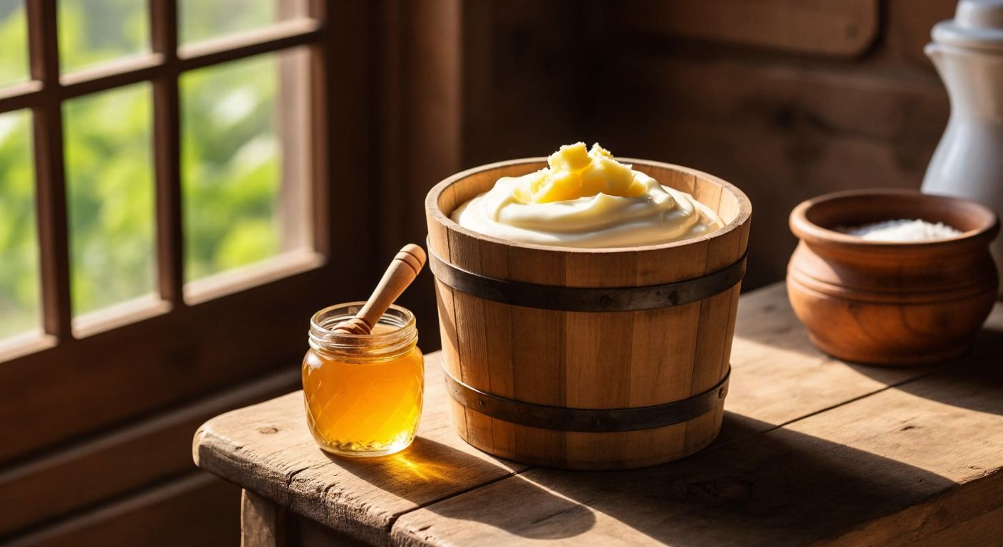 A rustic wooden bucket filled with golden honey, creamy yogurt, and rich butter, placed on a weathered wooden table in a sunlit Turkish countryside kitchen.
