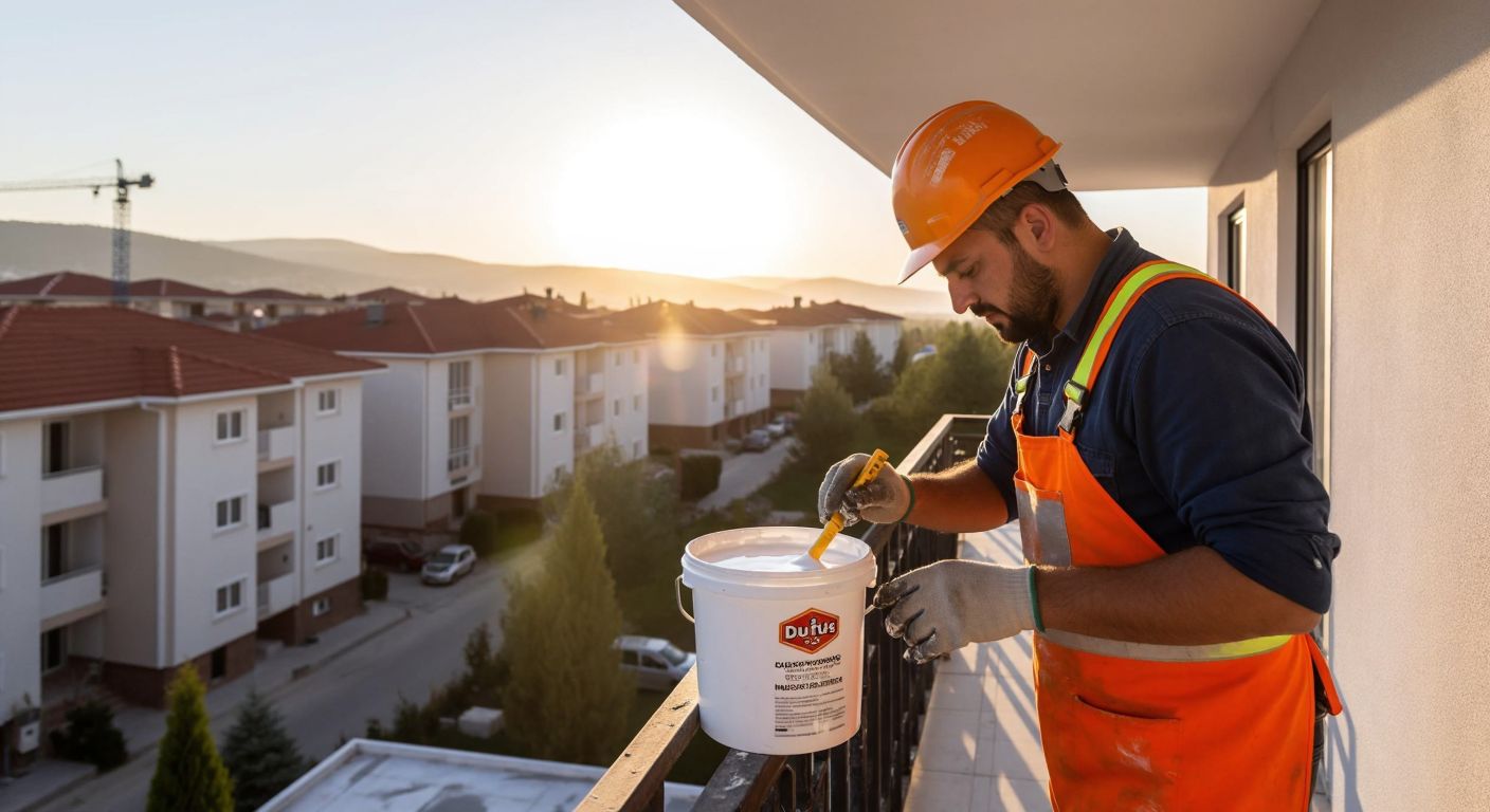 A construction worker in Turkey applies a smooth, white waterproof coating to a sunlit balcony railing, with a bucket of Düfa Diamond Su Kesici İzolasyon nearby.